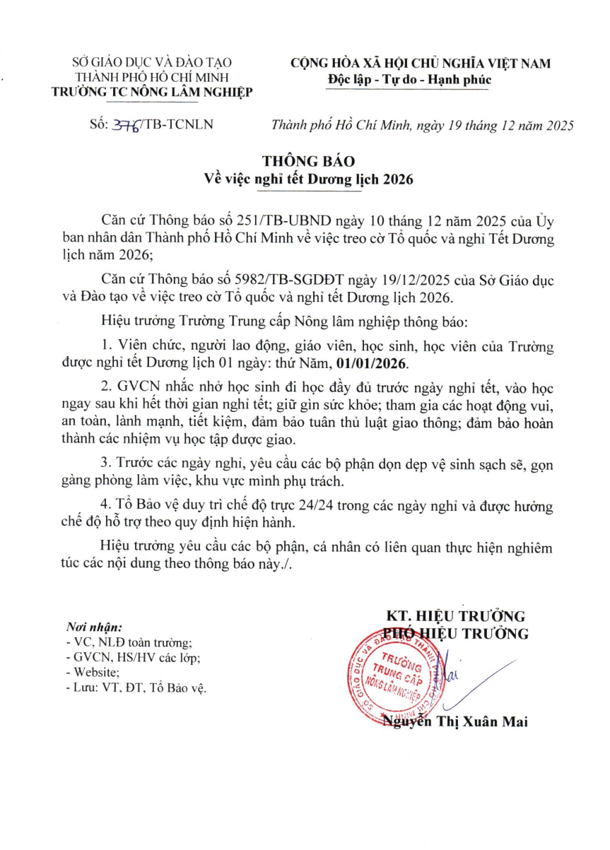 Thông báo điều chỉnh thời gian nghỉ Tết Dương lịch năm 2026